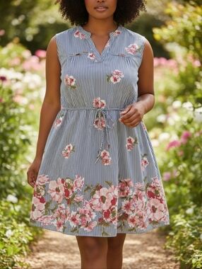 Hint Of Blush Sleeveless Striped Floral Dress
